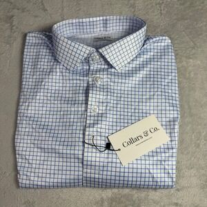 NWT Collars &‎ Co Men Dress Collar Polo Shirt XL Tall Blue White Grid Golf
